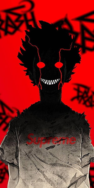 Menacing Black Silhouette with Glowing Red Eyes and Supreme T-Shirt on Red Background HD phone wallpaper