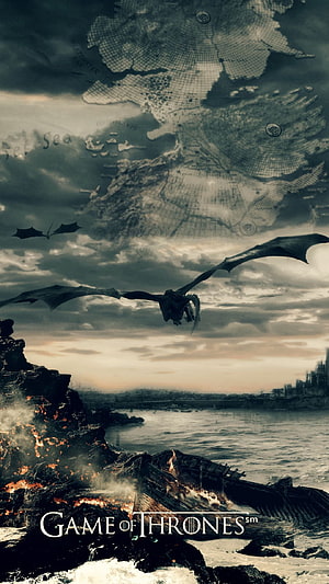 Game of Thrones Dragon Soaring Over Burning Coastline with Ancient Map Overlay HD phone wallpaper