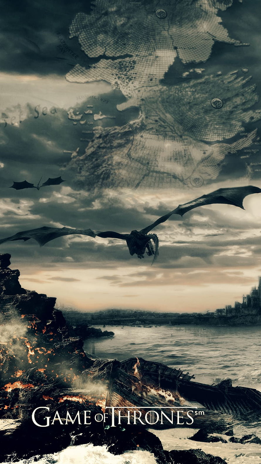 Game of Thrones Dragon Soaring Over Burning Coastline with Ancient Map Overlay HD phone wallpaper