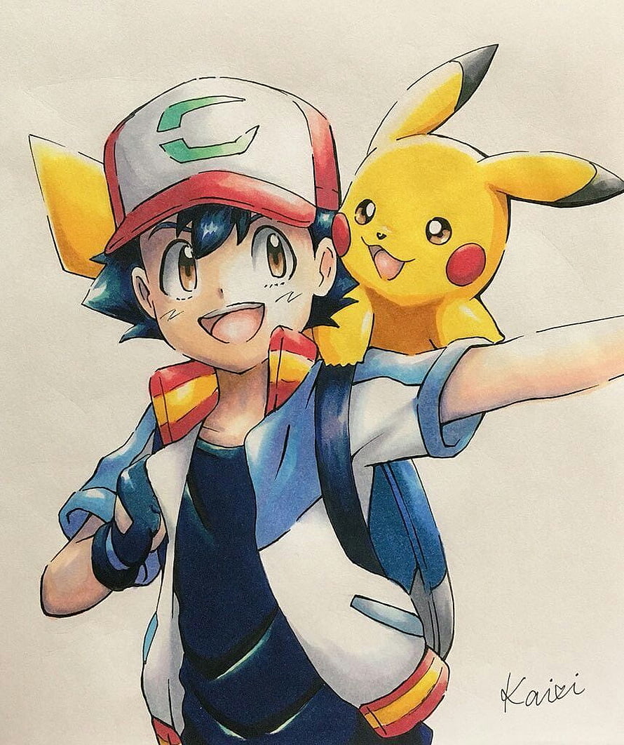 Ash Ketchum and Pikachu Anime Illustration HD phone wallpaper