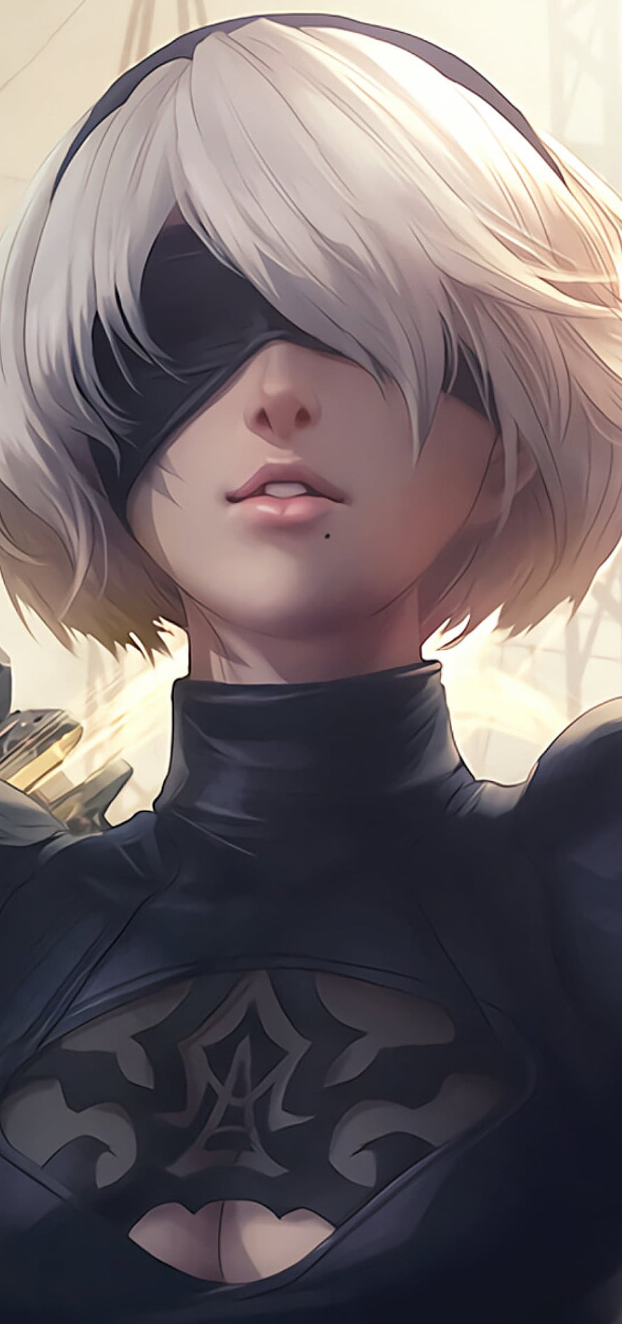 2B from NieR Automata in Black Tactical Suit with Blindfold and White Hair HD phone wallpaper