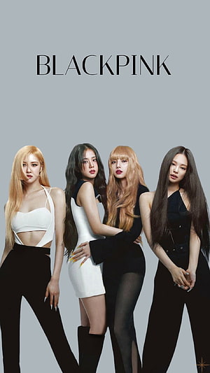 Blackpink K-pop group members posing in black and white outfits against a grey background HD phone wallpaper