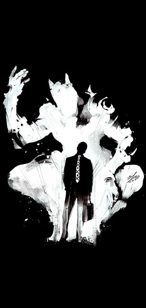 Silhouette of a man in a suit standing before a chaotic white abstract explosion on black background, Kira Jojo Mobile, Yoshikage Kira HD phone wallpaper