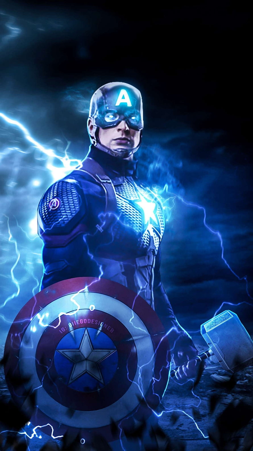Captain America Wielding Mjolnir with Lightning and Shield HD phone wallpaper