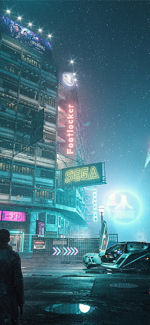 Cyberpunk City Street with Neon Sega and Footlocker Signs in Rain HD phone wallpaper