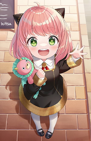 Anime Girl with Pink Hair and Green Eyes Holding a Dragon Plushie HD phone wallpaper