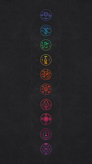 Coldplay Album Artwork Icons Arranged in a Vertical Rainbow Gradient on Dark Background HD phone wallpaper