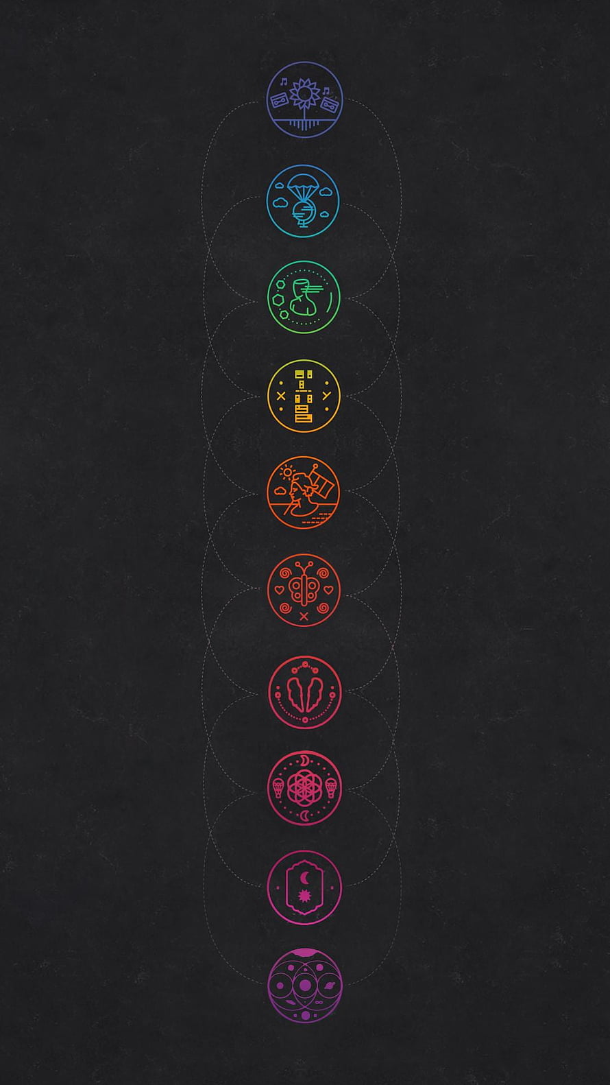 Coldplay Album Artwork Icons Arranged in a Vertical Rainbow Gradient on Dark Background HD phone wallpaper