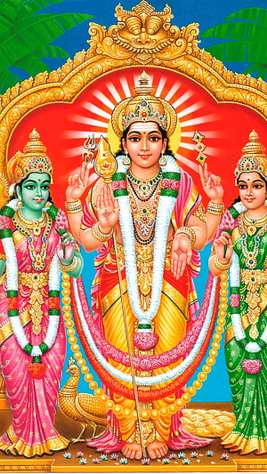 Lord Murugan with consorts Valli and Devasena, peacock mount, Hindu deity illustration HD phone wallpaper