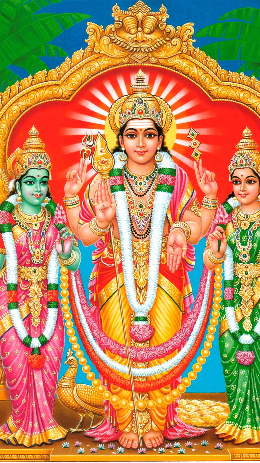 Lord Murugan with consorts Valli and Devasena, peacock mount, Hindu deity illustration HD phone wallpaper