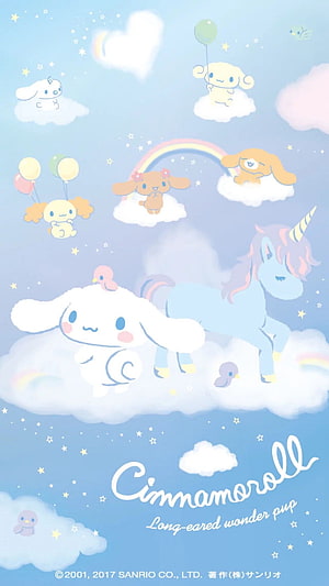 Cinnamoroll and Friends Floating on Clouds with Unicorn and Rainbow in Pastel Sky HD phone wallpaper