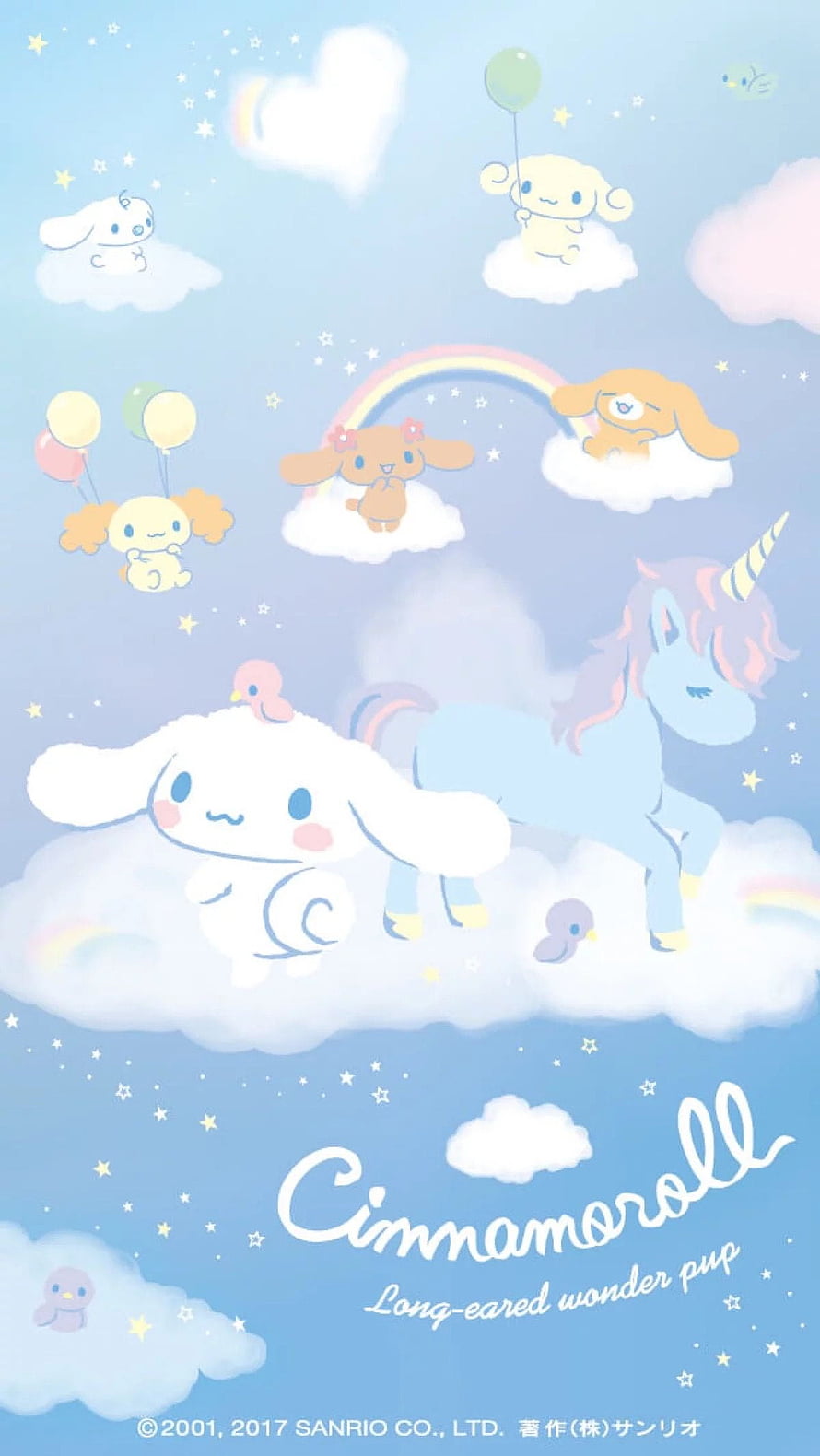 Cinnamoroll and Friends Floating on Clouds with Unicorn and Rainbow in Pastel Sky HD phone wallpaper
