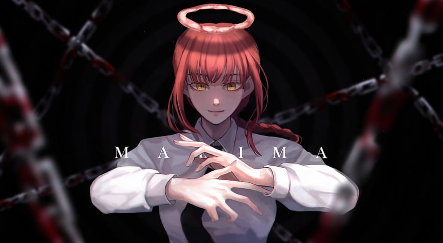 Makima from Chainsaw Man with glowing halo and chains in dark setting, Makima Chainsaw Man - anime live [ ] HD wallpaper