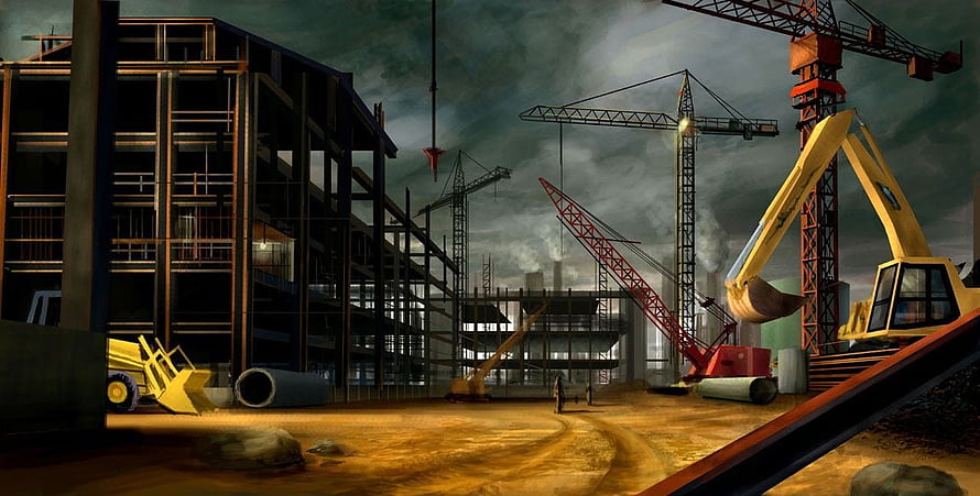 Dramatic Construction Site with Tower Cranes and Heavy Machinery Under Stormy Sky HD wallpaper
