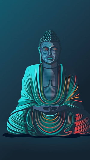 Meditating Buddha in Vibrant Teal and Red Vector Art Style HD phone wallpaper