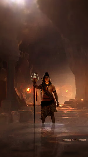 Lord Shiva standing with trident in dark cave with glowing embers and mystical atmosphere HD phone wallpaper