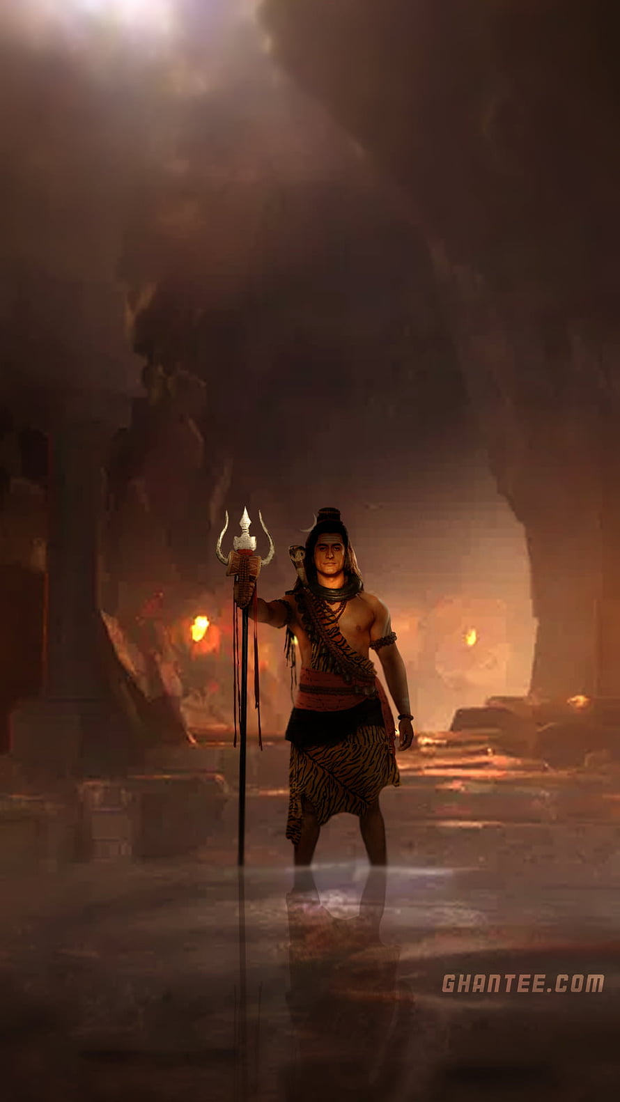 Lord Shiva standing with trident in dark cave with glowing embers and mystical atmosphere HD phone wallpaper