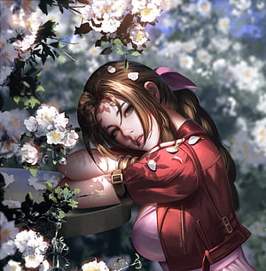 Anime Girl in Red Jacket Resting Among White Cherry Blossoms HD phone wallpaper