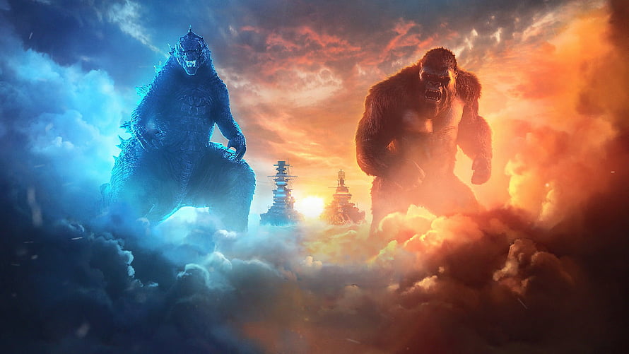 Godzilla and King Kong Face Off in Epic Monster Battle Amidst Dramatic Clouds HD wallpaper