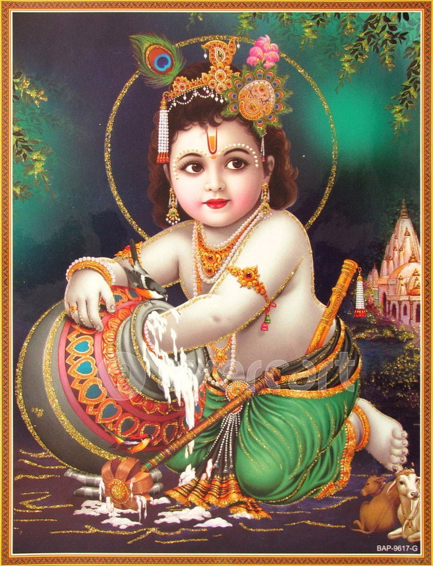 Baby Krishna Churning Butter in Pot with Peacock Feather Crown and Cows HD phone wallpaper