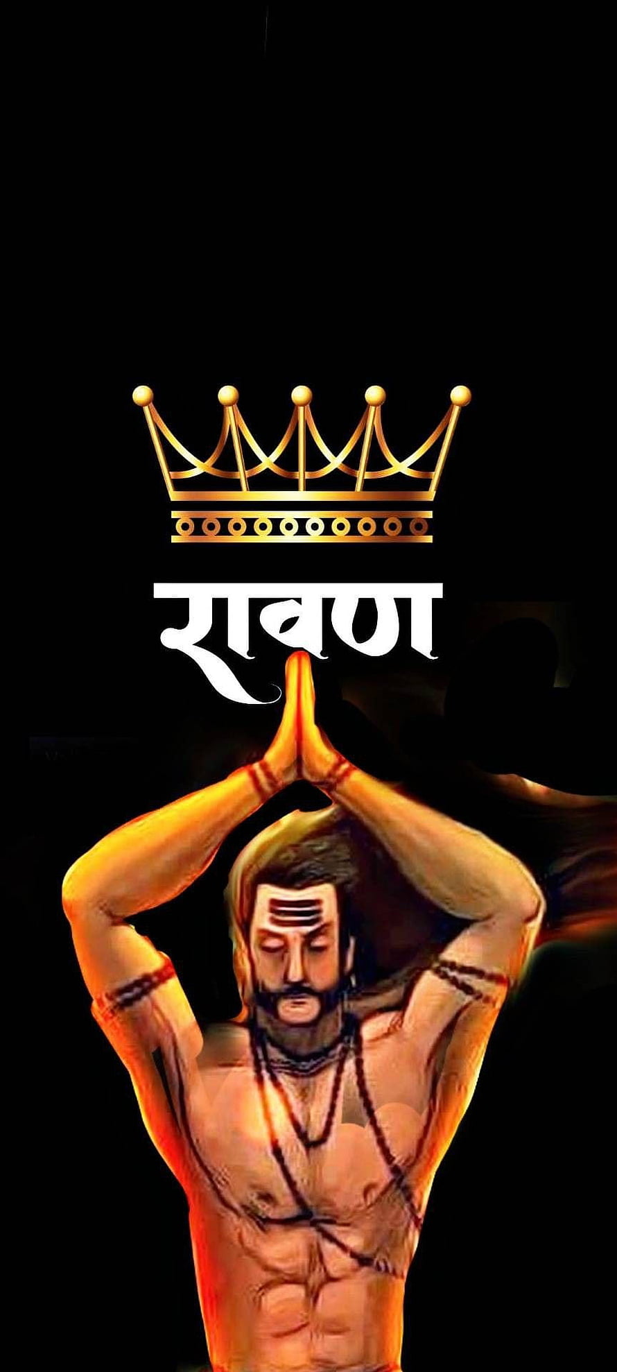 Ravana in Prayer Pose with Golden Crown and Sanskrit Text on Black Background HD phone wallpaper