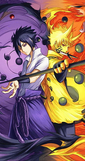 Sasuke Uchiha and Naruto Uzumaki Anime Battle Artwork HD phone wallpaper