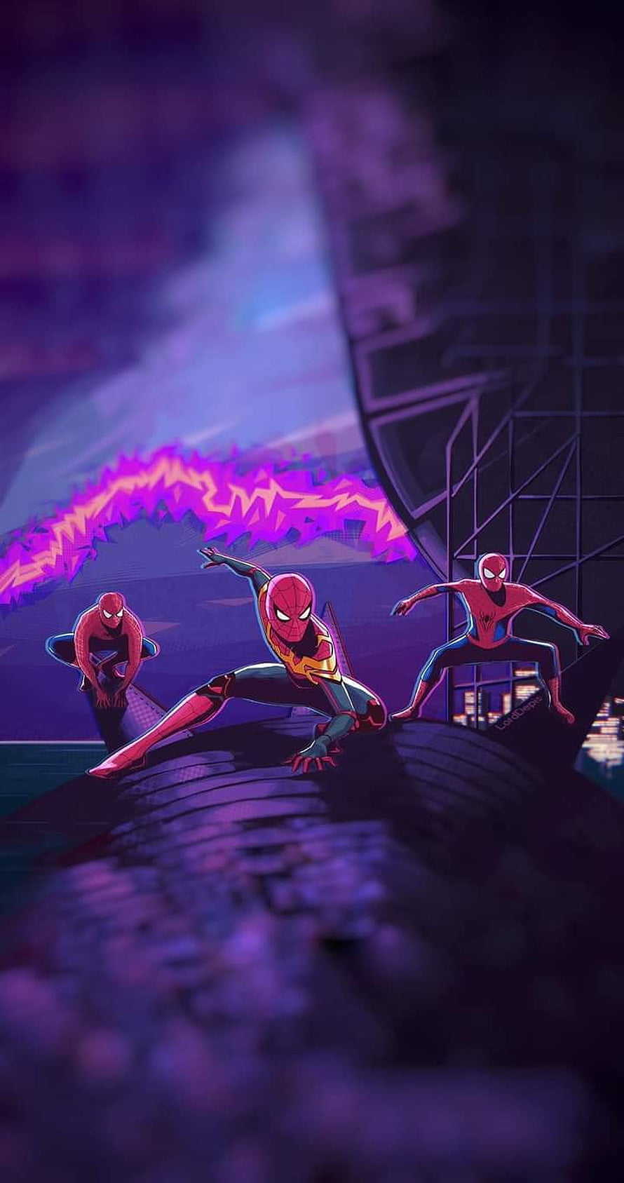 Spider-Man Across the Spider-Verse Animated Trio on Rooftop with Purple Energy Arc, Spiderman No Way Home, Multiverse, Tom Holland, Andrew Garfield, Comics, Tobey maguire, 3 spiderman, MCU, Marvel HD phone wallpaper