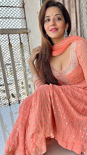 Woman in Peach Embroidered Anarkali Suit with Silver Sequins and Dupatta, Monalisa, bhojpuri actress, cleavage HD phone wallpaper