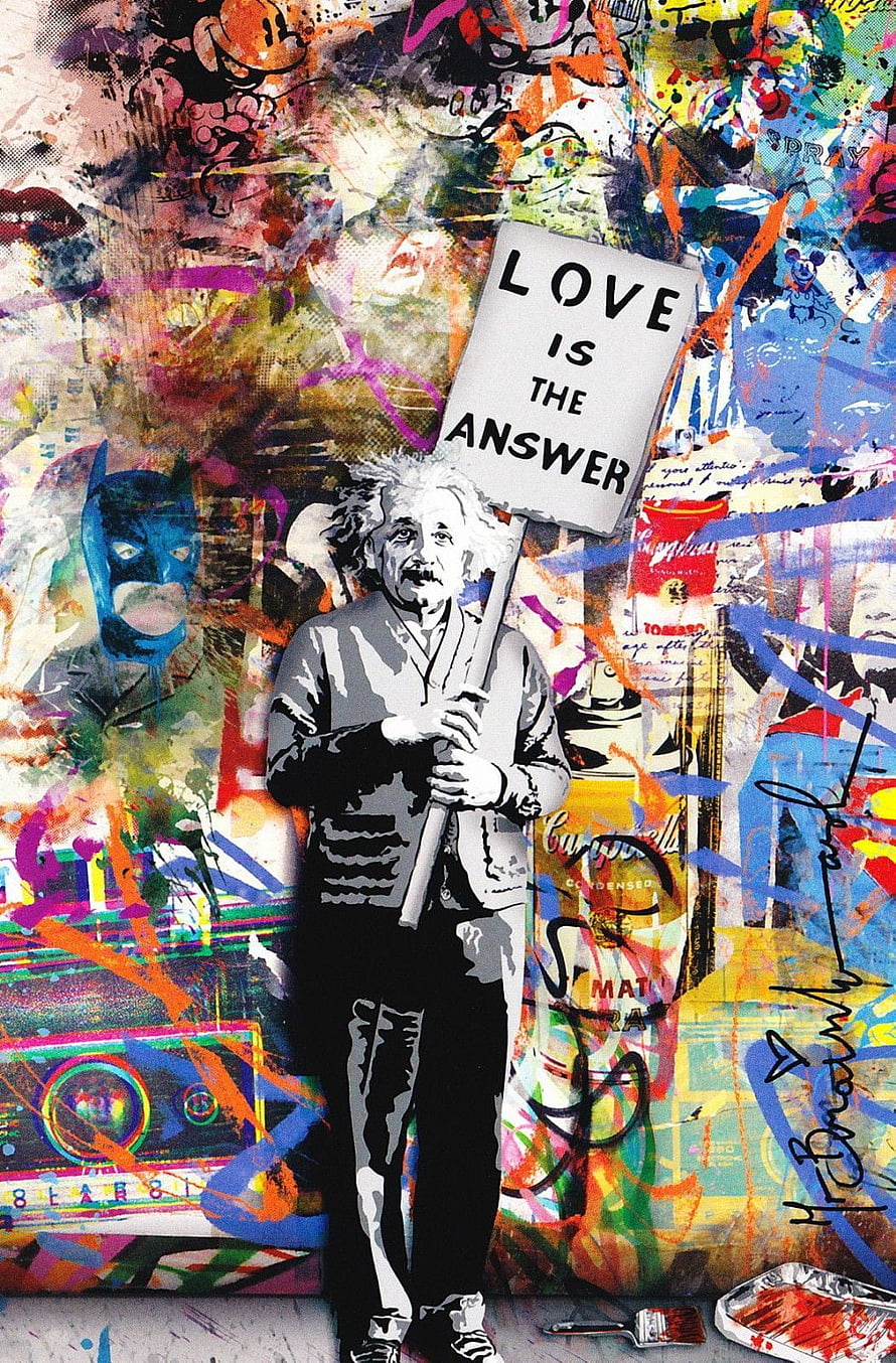 Albert Einstein Holding Love Is The Answer Sign in Vibrant Street Art Style HD phone wallpaper