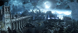 Dark Souls Gothic Cityscape at Night with Moonlit Bridge and Snowy Mountains HD wallpaper