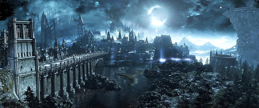 Dark Souls Gothic Cityscape at Night with Moonlit Bridge and Snowy Mountains HD wallpaper