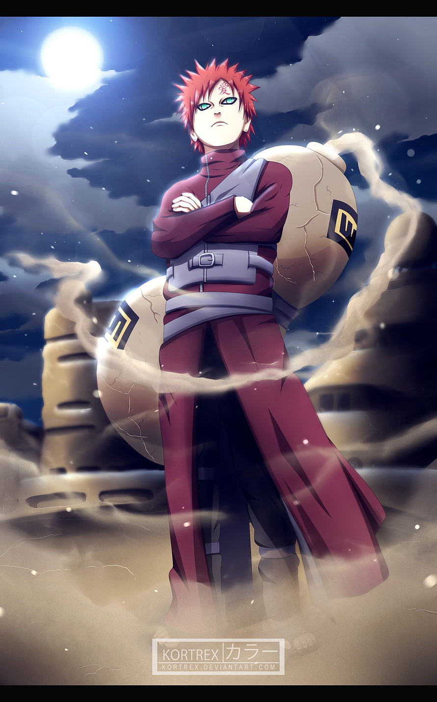 Gaara from Naruto anime standing with sand spheres under a full moon in a desert landscape HD phone wallpaper