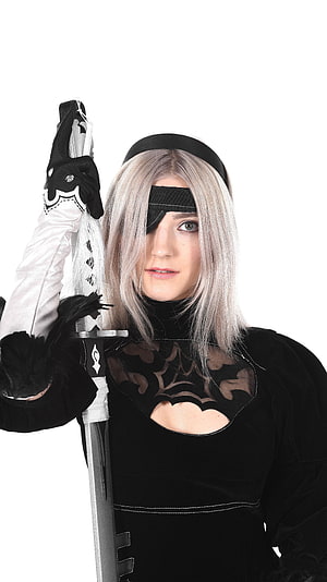 Eva Elfie in Black Gothic Costume with Sword and Eye Patch HD phone wallpaper