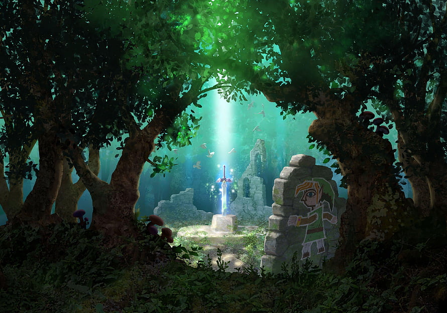 Master Sword in Ancient Forest Ruins from The Legend of Zelda Breath of the Wild HD wallpaper