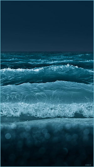 Dark Teal Ocean Waves Crashing on Shore at Night with Bokeh Bubbles HD phone wallpaper