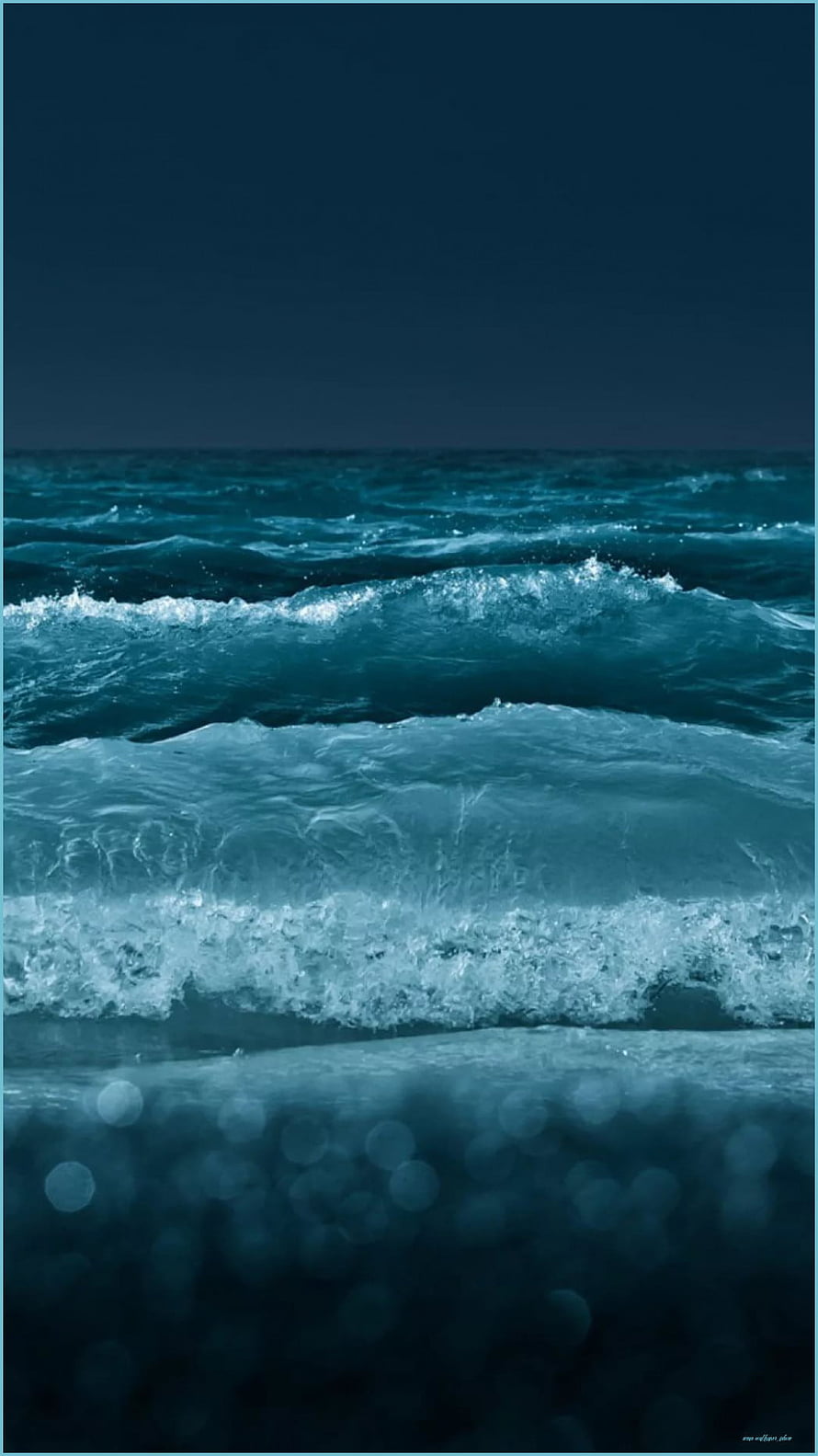 Dark Teal Ocean Waves Crashing on Shore at Night with Bokeh Bubbles HD phone wallpaper