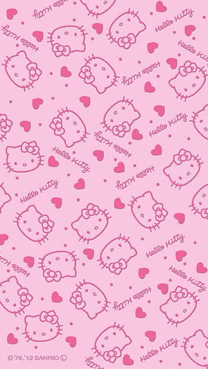 Cute Pink Hello Kitty Pattern Wallpaper With Hearts And Bow Outlines HD phone wallpaper