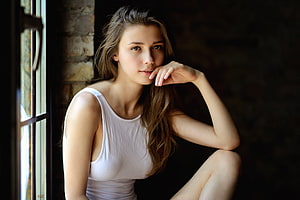 Beautiful Young Woman in White Tank Top Sitting by Window, Beautiful, girl model HD wallpaper