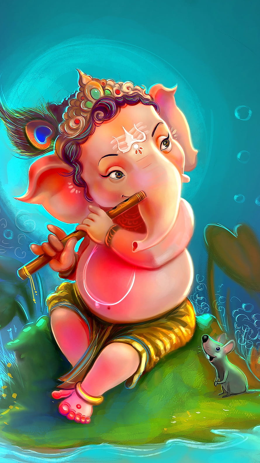 Cute Baby Ganesha Playing Flute With Mouse Companion Digital Art Wallpaper HD phone wallpaper