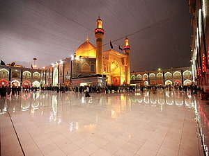 Illuminated Imam Reza Shrine at Night with Golden Dome and Minarets HD wallpaper