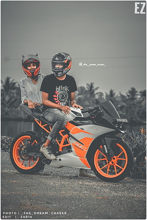 Couple Riding a KTM 390 Duke Motorcycle with Orange Accents HD phone wallpaper