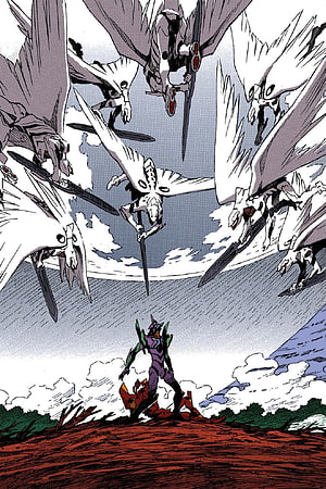 Neon Genesis Evangelion manga panel featuring a lone warrior facing a swarm of winged angelic enemies HD phone wallpaper