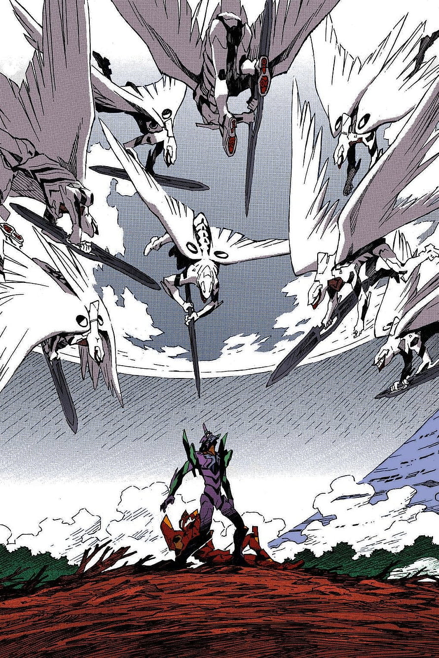 Neon Genesis Evangelion manga panel featuring a lone warrior facing a swarm of winged angelic enemies HD phone wallpaper