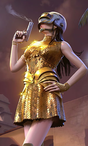 PUBG Girl in Golden Scale Armor Holding Pistol with Helmet HD phone wallpaper