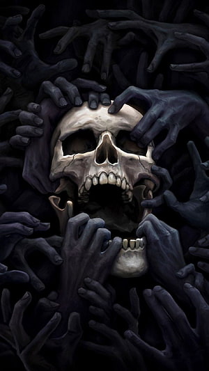 Dark Fantasy Skull Surrounded by Reaching Zombie Hands HD phone wallpaper