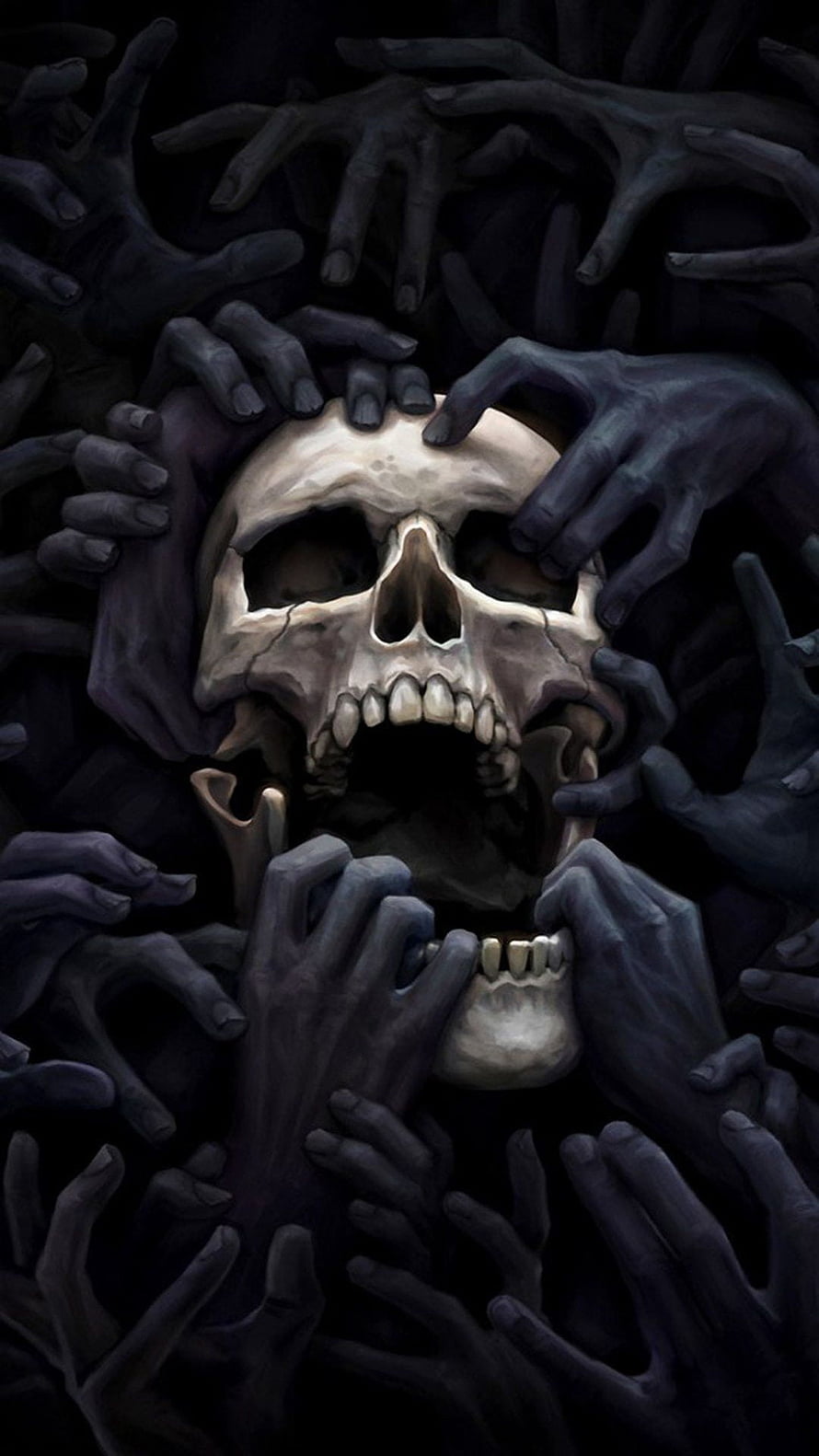 Dark Fantasy Skull Surrounded by Reaching Zombie Hands HD phone wallpaper