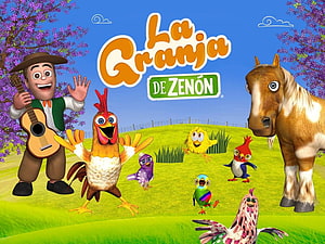 La Granja de Zenon animated farm characters with rooster horse and farmer HD wallpaper