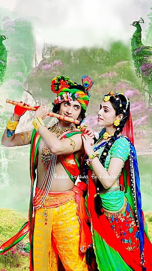 Radha Krishna Playing Flute in Vibrant Traditional Attire HD phone wallpaper