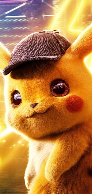 Detective Pikachu Close-Up Portrait Wearing Herringbone Cap in Cinematic Golden Light HD phone wallpaper