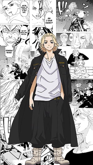 Mikey from Tokyo Revengers in a full-body colored illustration set against a manga panel collage background HD phone wallpaper